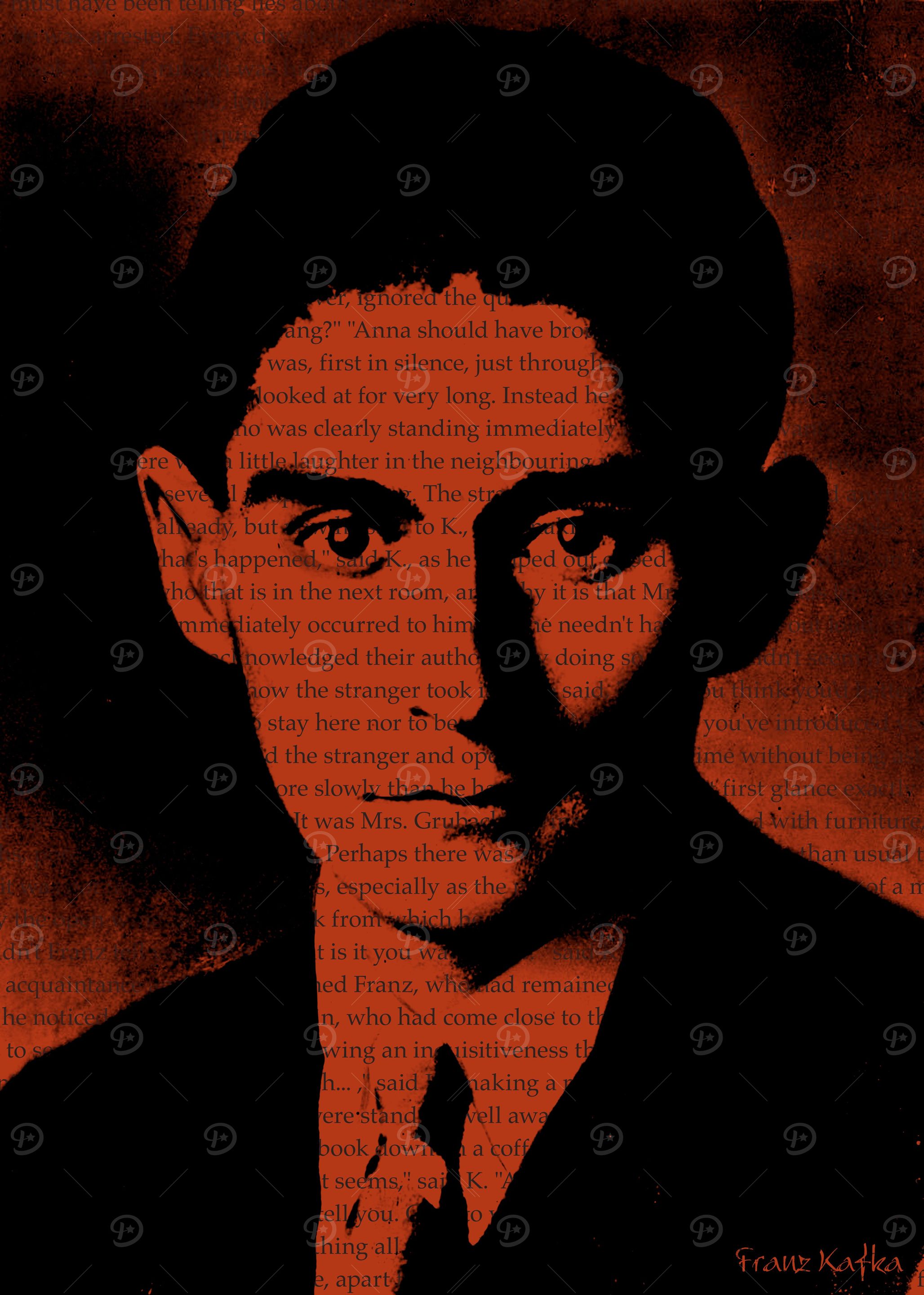 Portrait of Franz Kafka with a excerpt from the 'the Tr ...