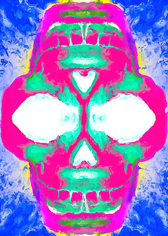 painting pink smiling skull head with blue and yellow b ...