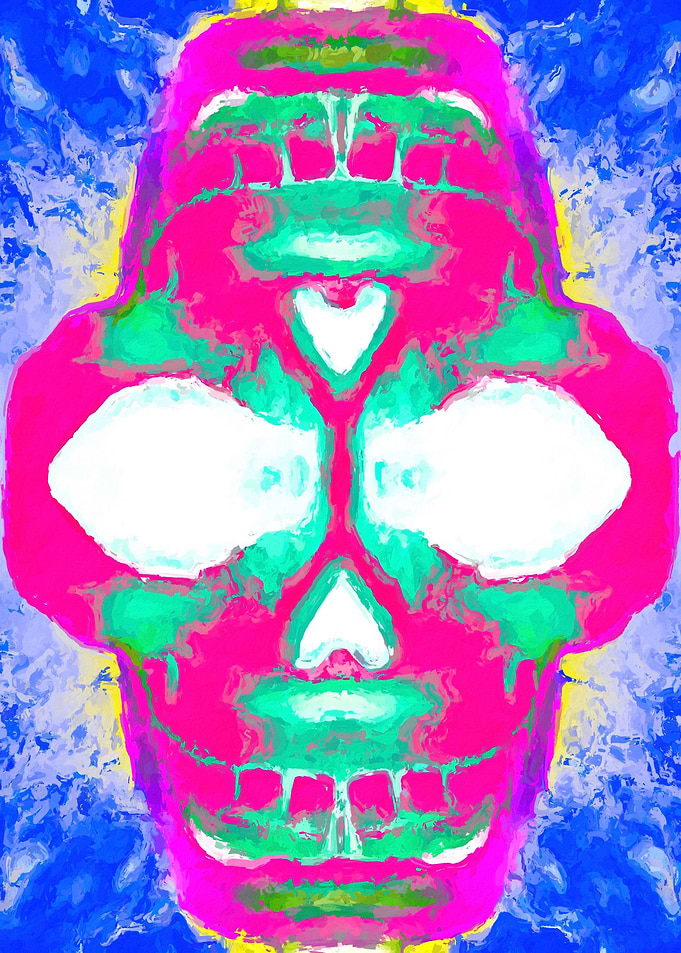painting pink smiling skull head with blue and yellow b ...