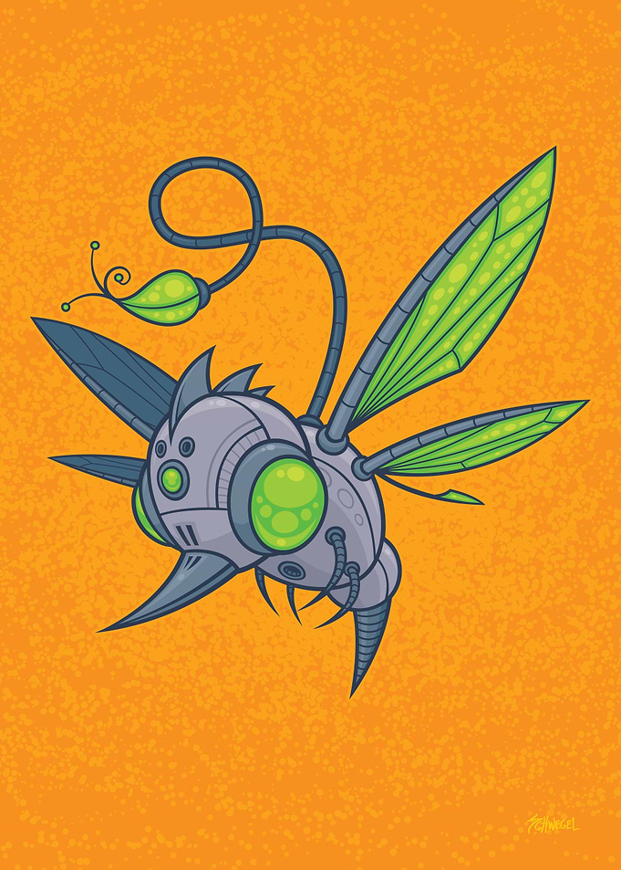 Vector cartoon illustration of a flying robot drone wit ...