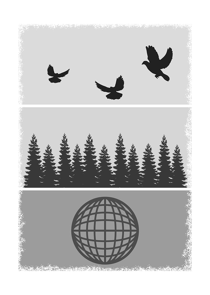 A grey scale landscape illustration with a earth day, e ...