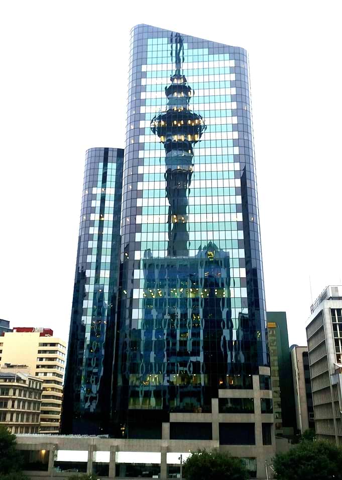Reflection of the SkyTower in Auckland, New Zealand. © ...