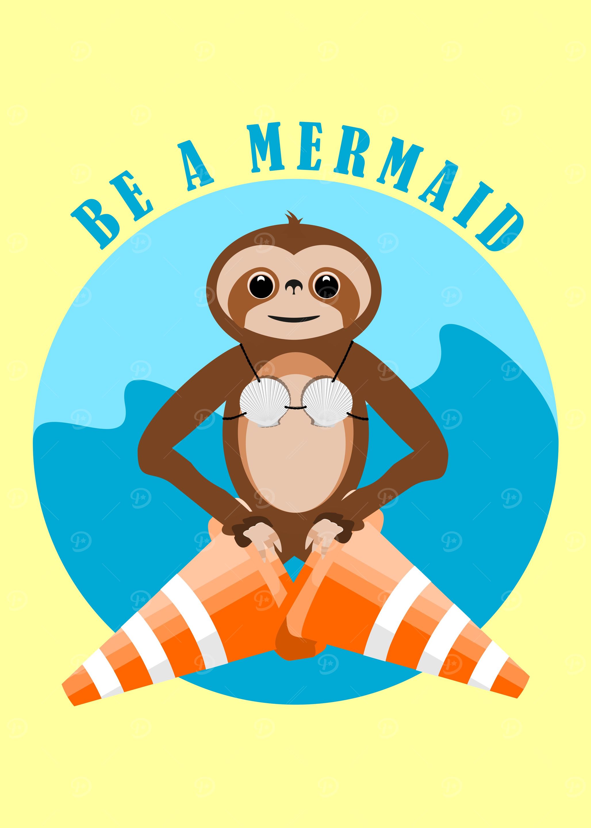 Be a mermaid. A funny illustration of a sloth pretendin ...
