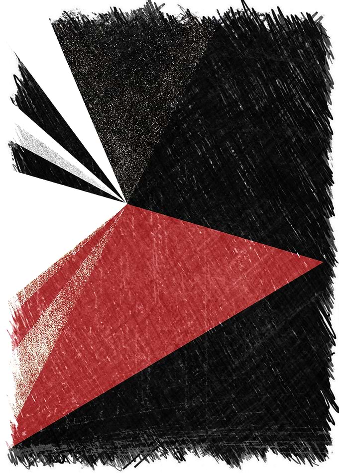 Red Triangle piercing the black in charcoal and colour