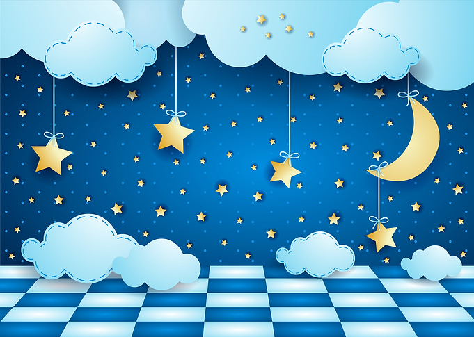 Surreal night with hanging moon, clouds and floor