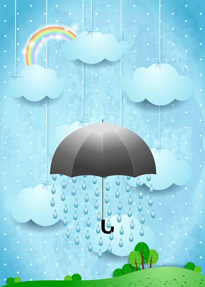 Surreal landscape with umbrella and rain