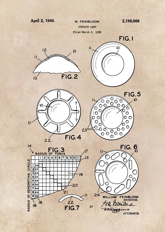 patent art Feinbloom Contact Lens 1938