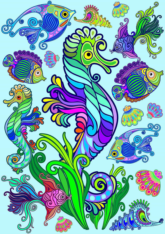 Marine Life Exotic Fishes & SeaHorses Ornamental Style