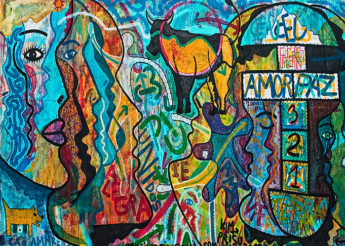 Amor i Paz, graffiti on a wall in Berlin, showing Alegr ...