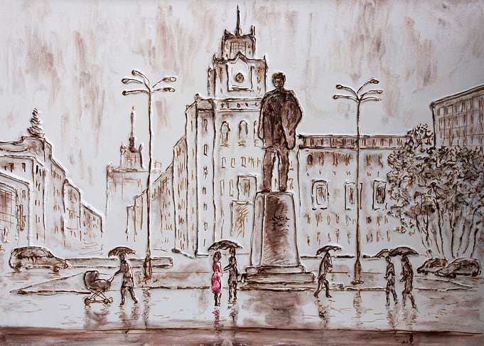 couple in love meeting in front of the monument under t ...