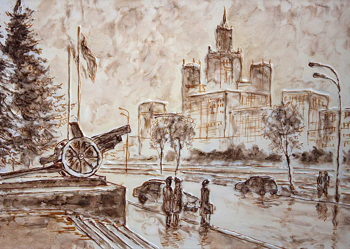 original monochrome painting on canvas - scene in mosco ...
