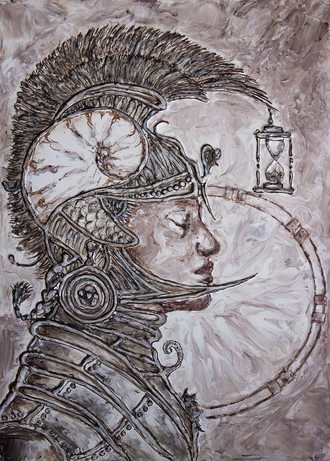 time warrior - original monochrome painting on canvas p ...