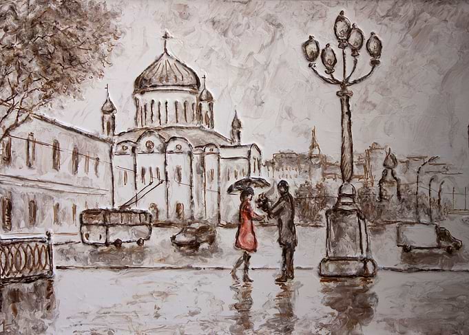 man date a woman in red dress around the cathedral in m ...