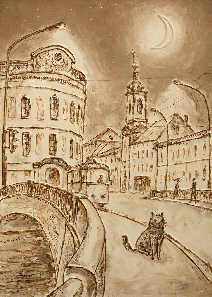 urban scene monochrome original painting on canvas, mos ...