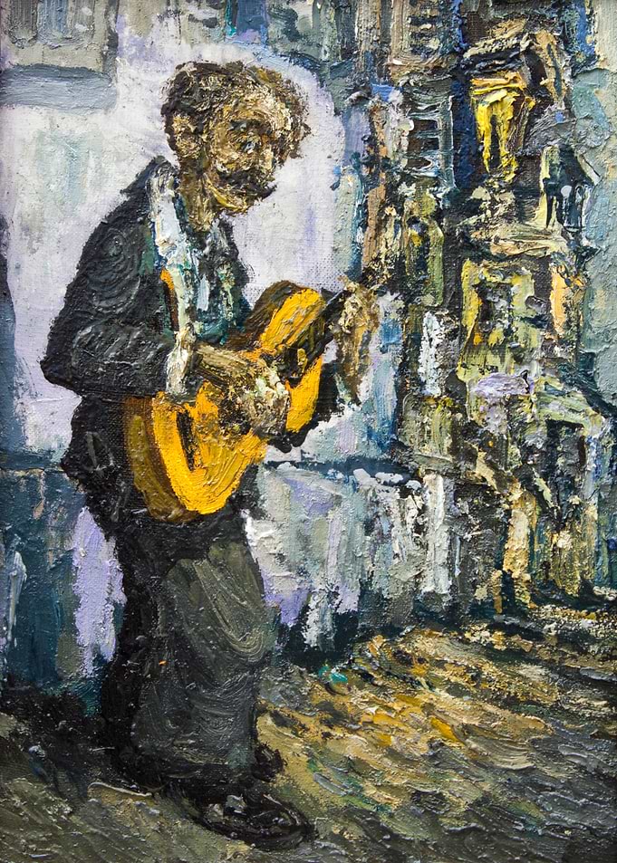guitar player street musician, original oil painting on ...