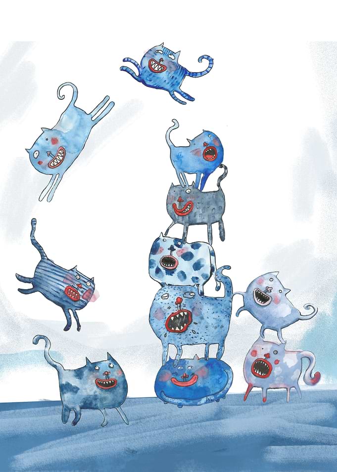 Cats playing around, forming a tower and jumping on the ...