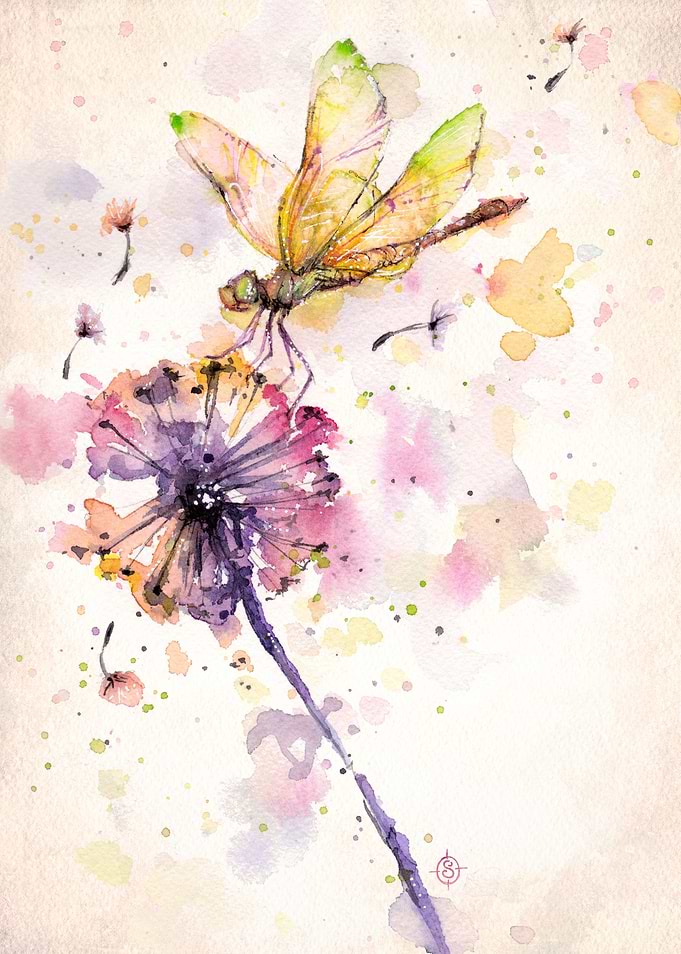'Dragonfly & Dandelion' Water Colour Art