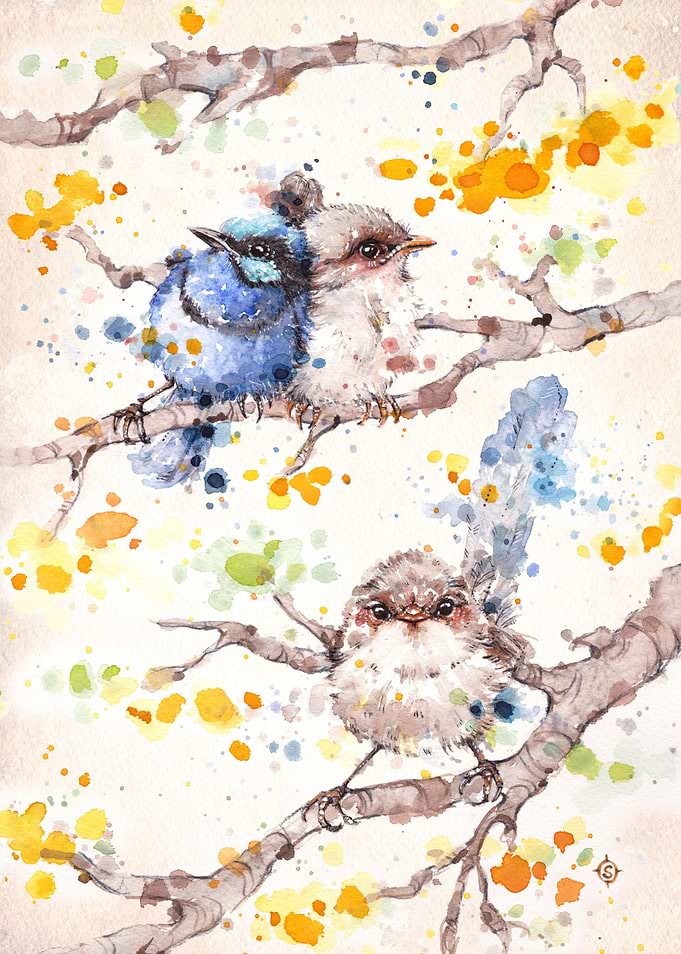 'Family Life (Blue Fairy Wrens)' Water Colour Art