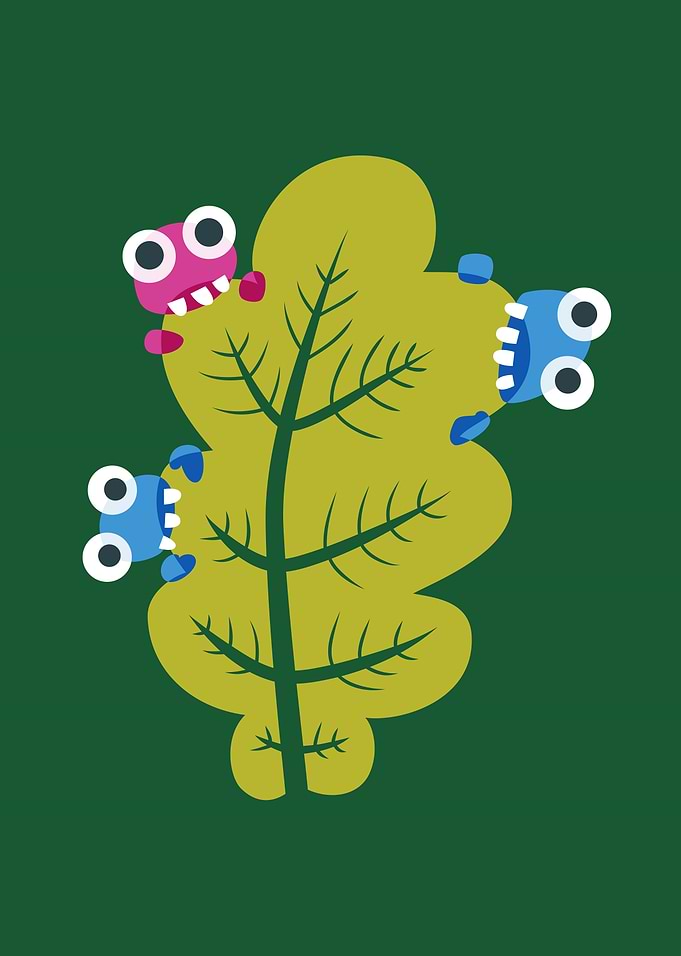 Cute illustration of three bugs with huge eyes who nibb ...