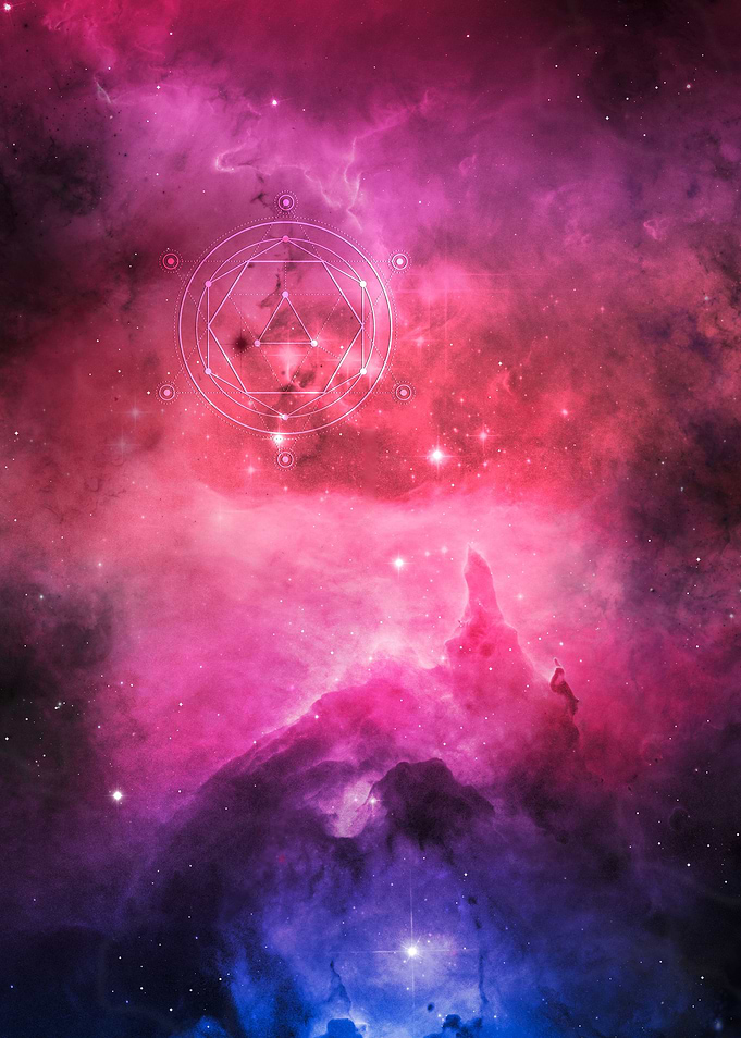 Sacred geometry sign on a watercolour universe backgrou ...
