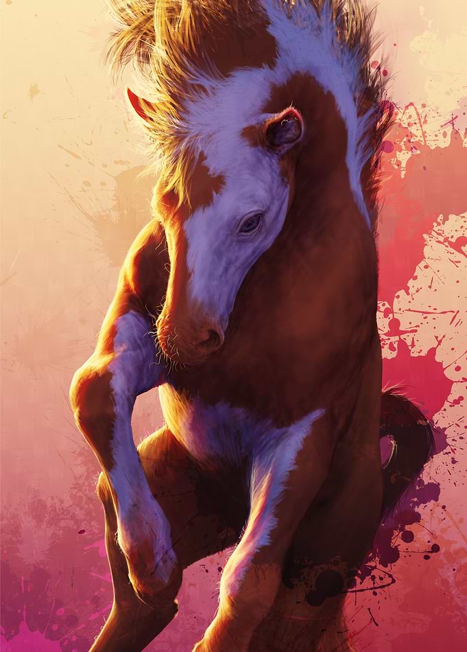 Painting of a horse jumping with an abstract background ...