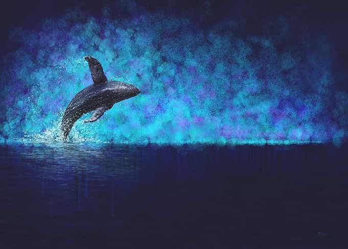 Calming abstract piece of a breaching humpback whale.