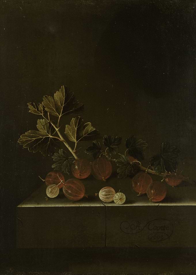 Adriaen Coorte -A Sprig of Gooseberries on a Stone Plin ...