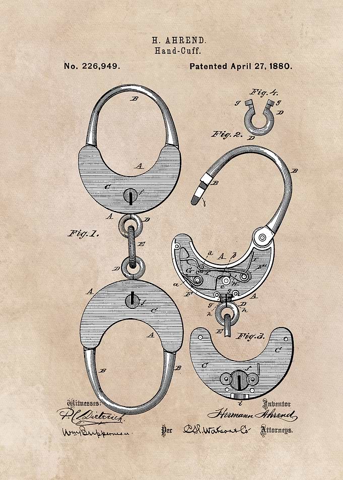 patent art Ahrend Hand Cuff 1880