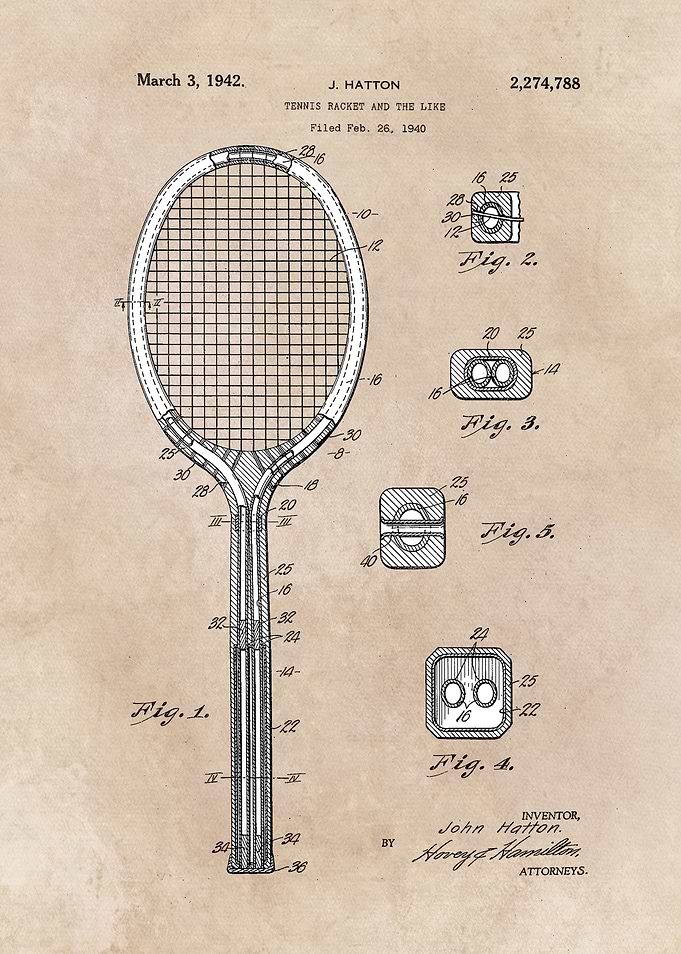 patent art Hatton Tennis racket and the like 1942