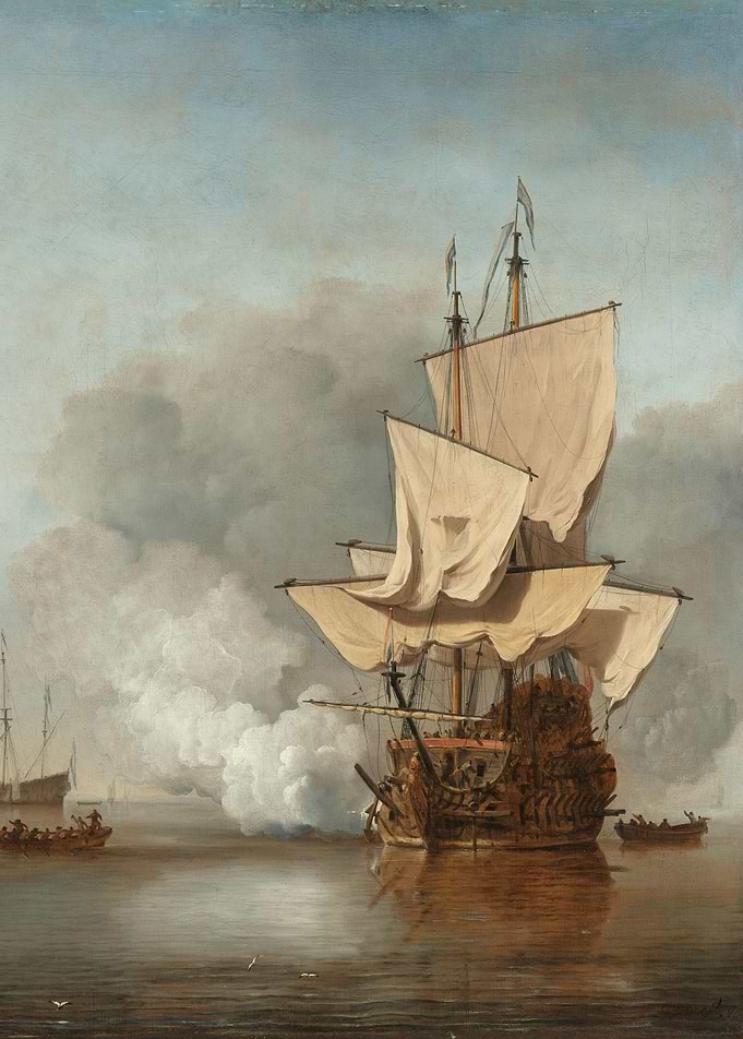 Willem van de Velde (II) - The Cannon Shot, c. 1680, oi ...