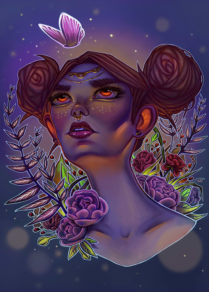 A digital painting of a girl in a sea of beautiful flow ...