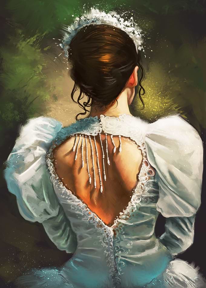 A painting of a sunlit wedding gown.