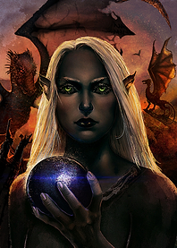 A digital painting of a dark elf holding a magical, mys ...