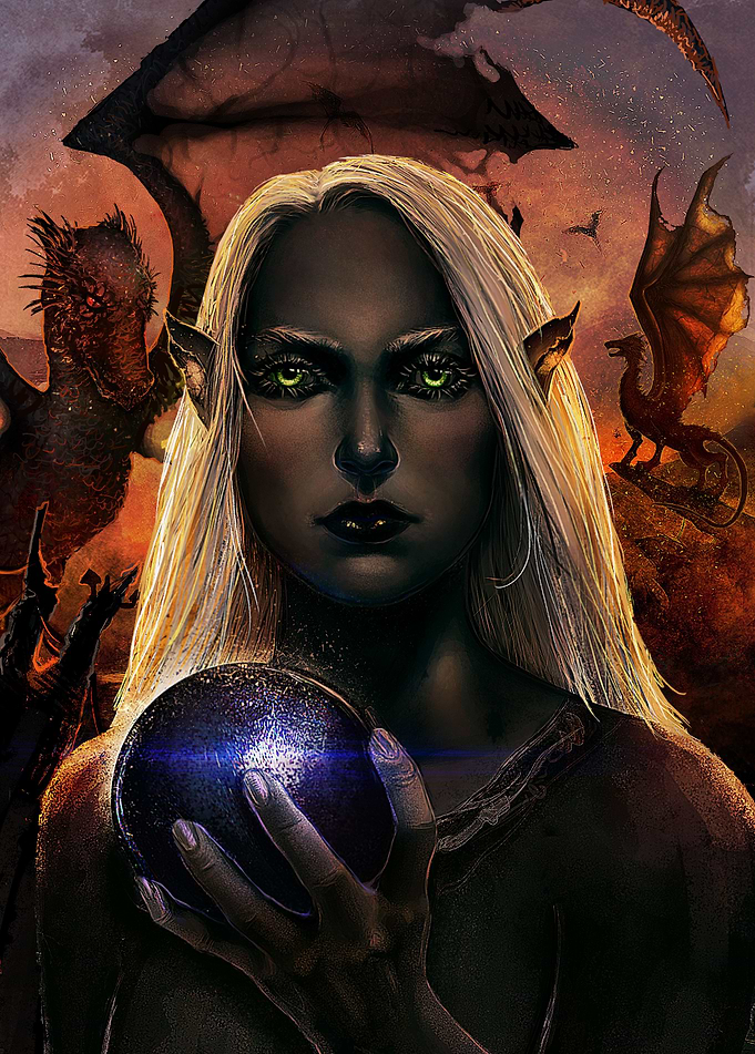 A digital painting of a dark elf holding a magical, mys ...