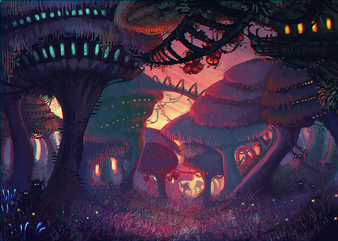 A digital painting of a small village built in mushroom ...