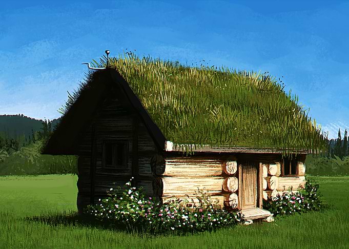 A digital painting of a small wooden cottage with a bea ...