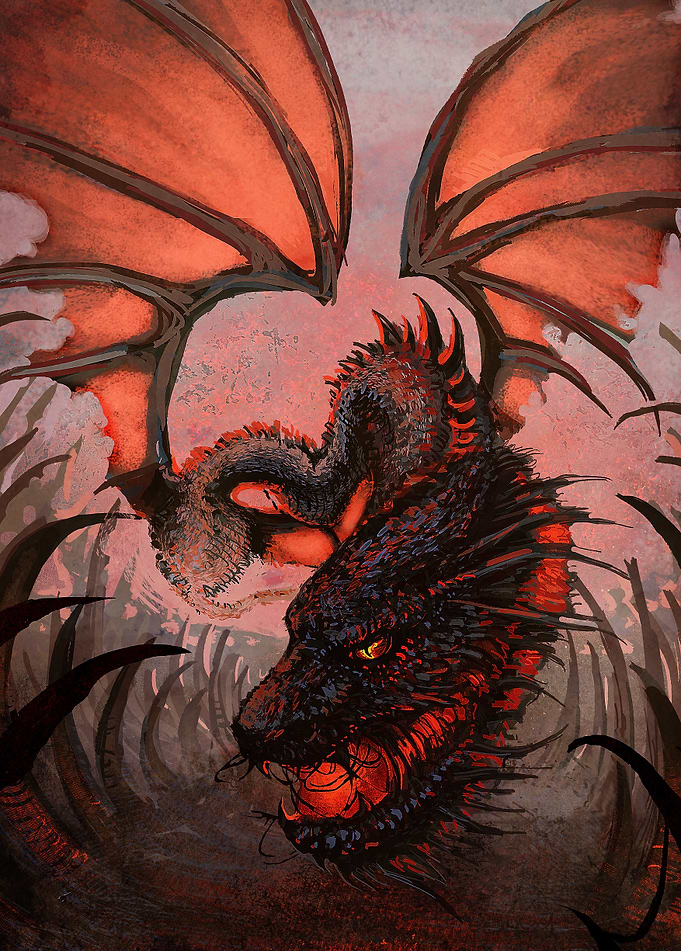 A digital painting of a fire-breathing dragon, spanning ...
