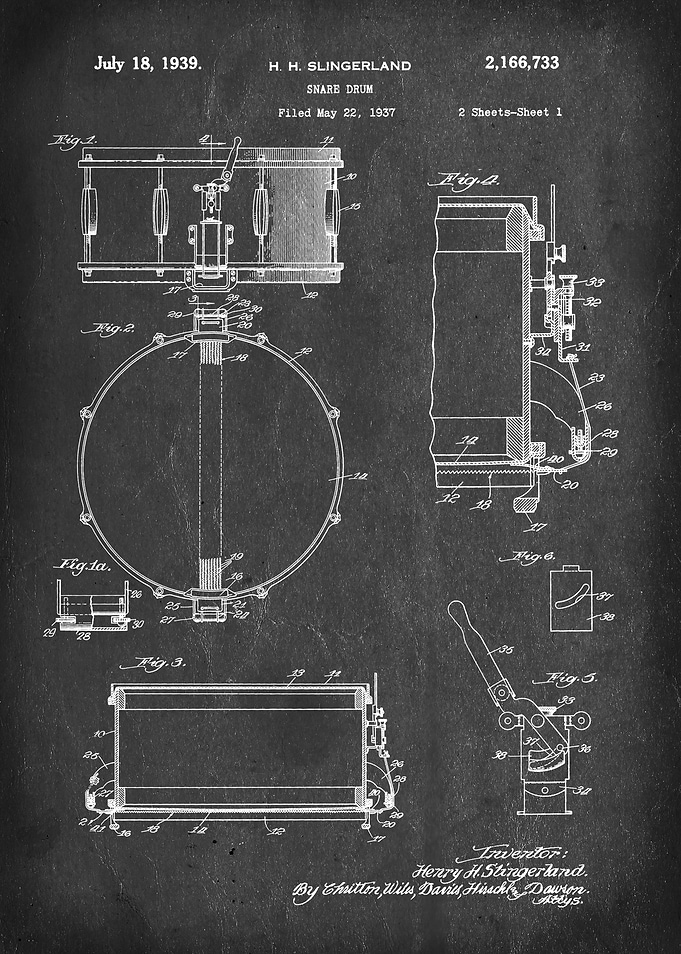 Snare Drum - Patent #2,166,733 by H. H. Slingerland - 1 ...