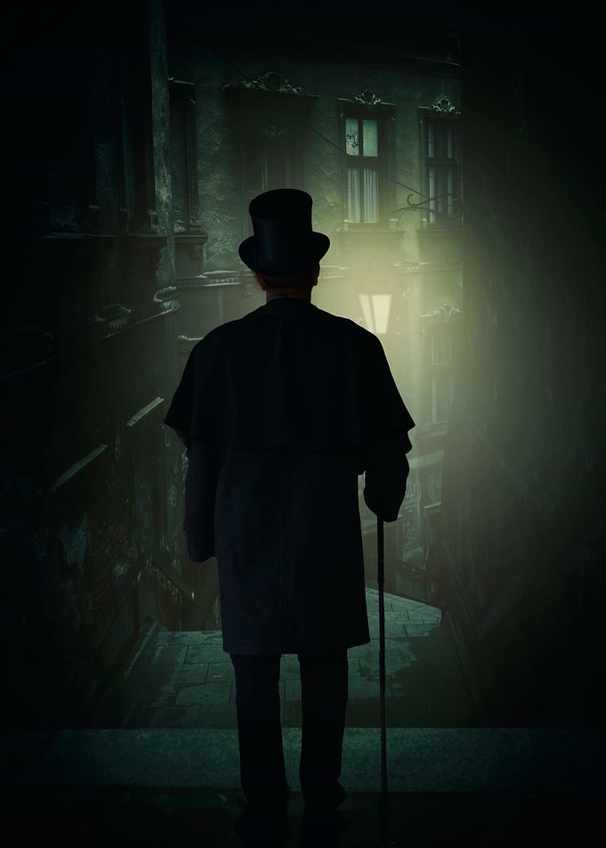 Victorian man wearing top hat in the alley at night.