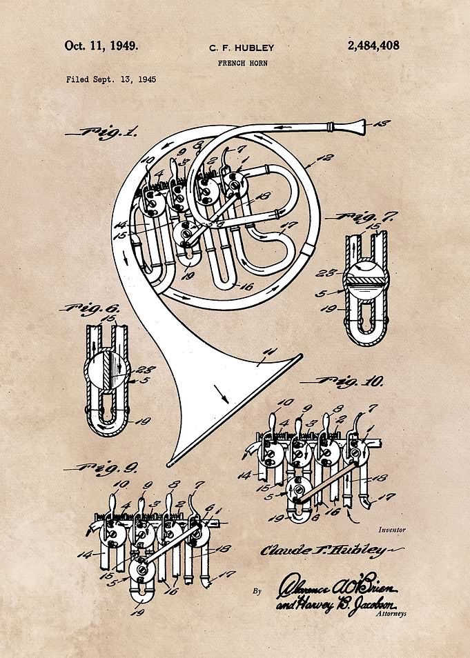 patent art Hubley French horn 1949