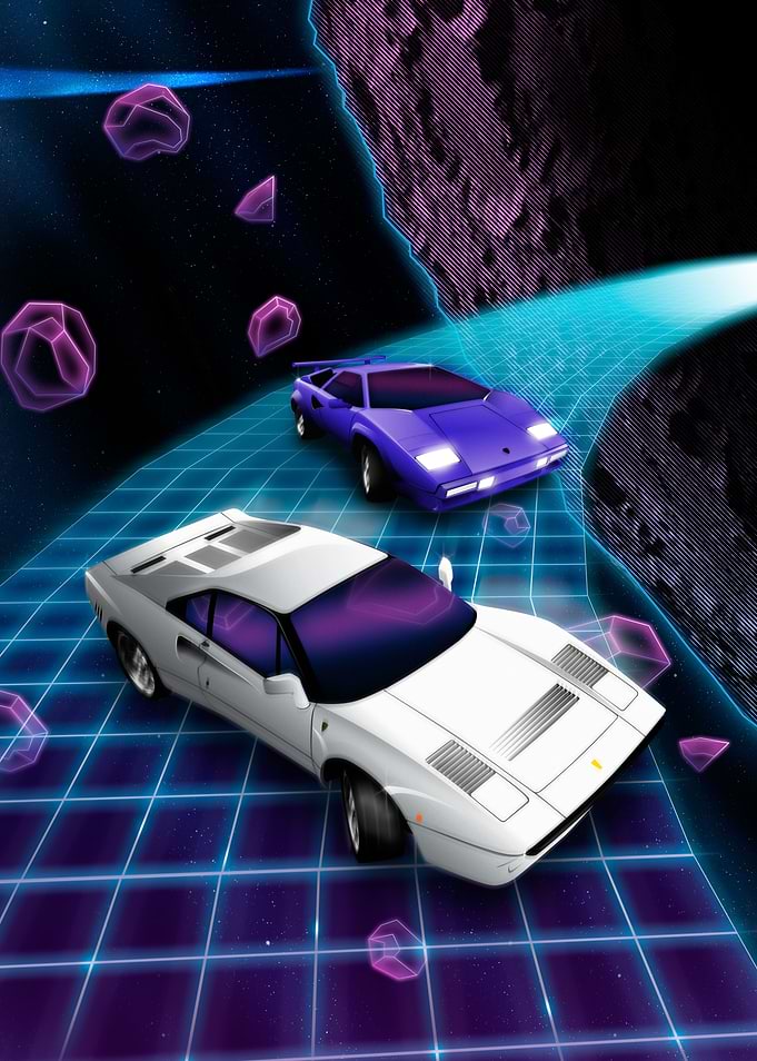 80's super cars Lambo and 288GTO drifting through space ...