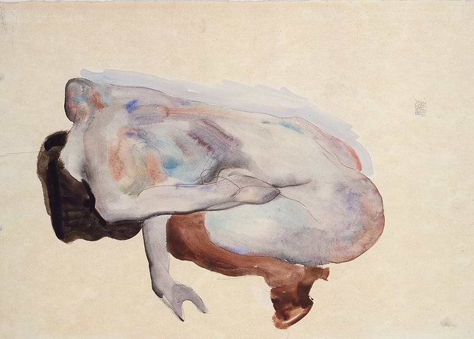 Egon Schiele - Crouching Nude in Shoes and Black Stocki ...