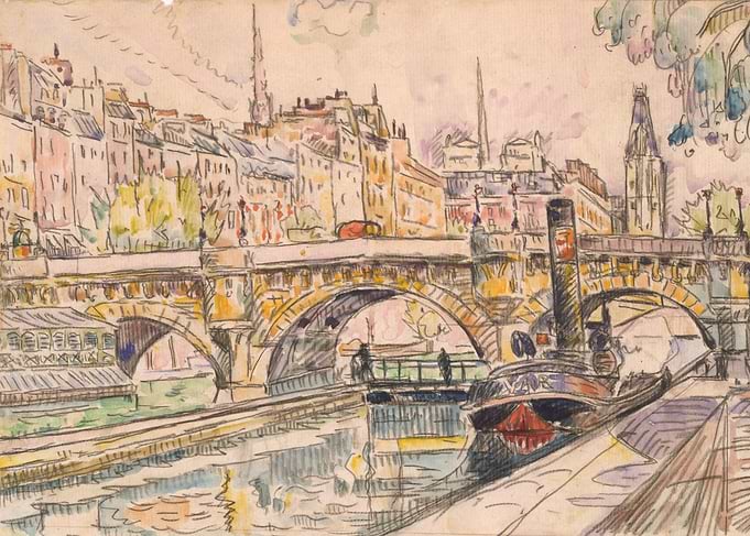 Paul Signac - Tugboat at the Pont Neuf, Paris, 1923, wa ...