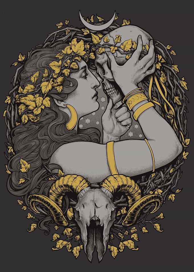Another Witch original T-shirt, with a human and ram sk ...