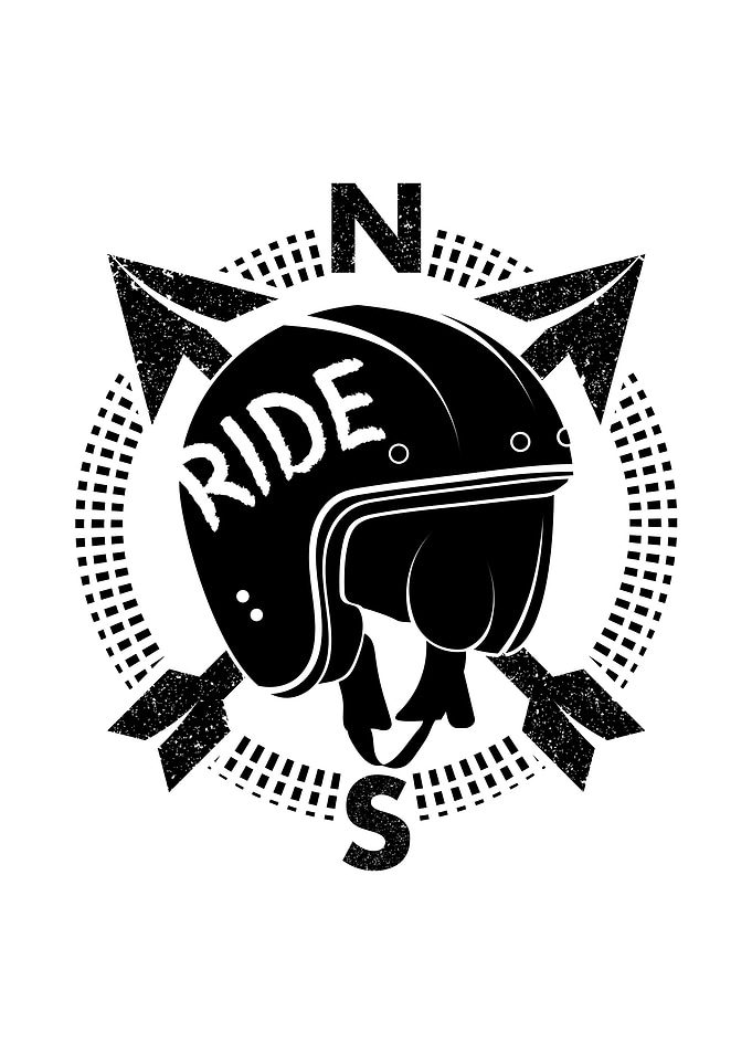 A motorcycle helmet on a compass. A design about the fr ...