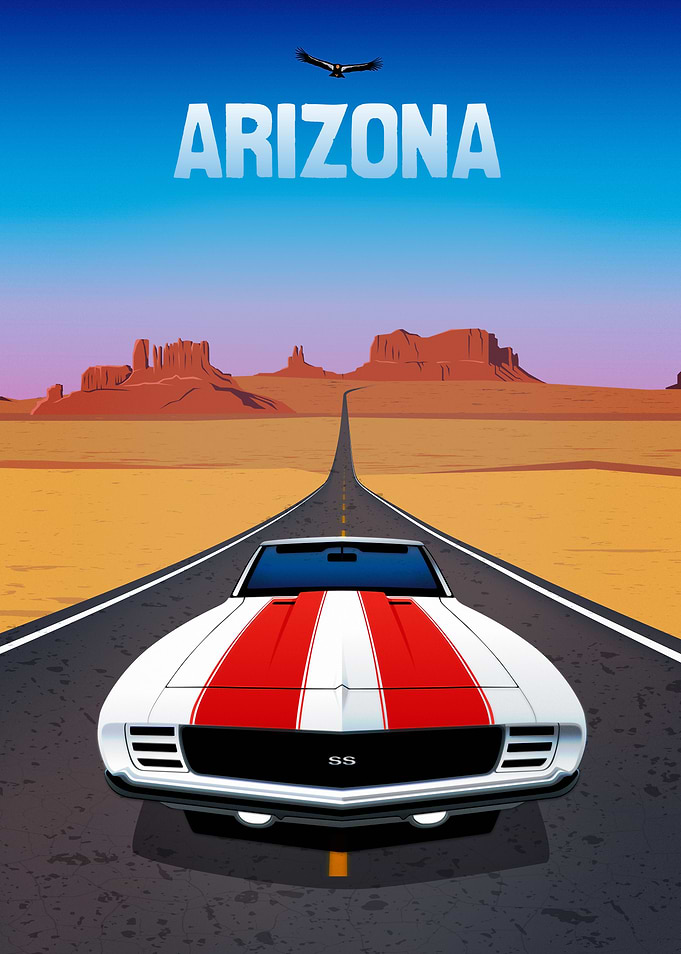 A classic muscle car driving on Route 66 in Arizona. Do ...