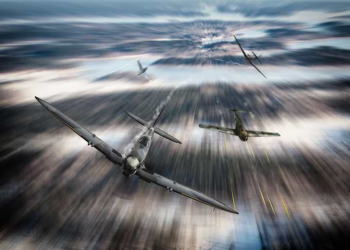 Spitfires and BF109s dog fighting dureing WW2
