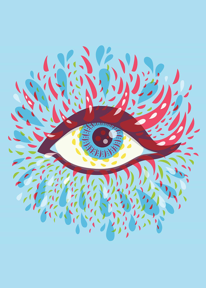 Psychedelic eye illustration of an abstract blue eye wi ...