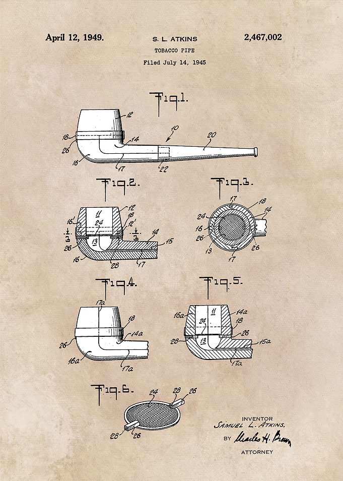 patent art Atkins Tobacco Pipe 1949