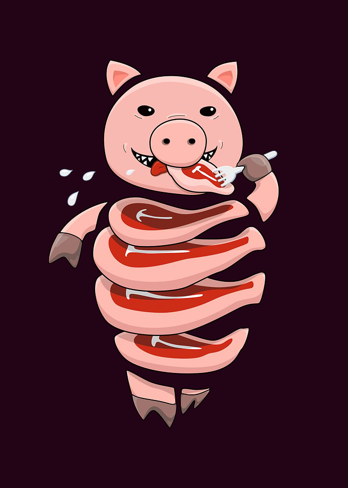 Vector illustration of a gluttonous pig cannibal who ea ...